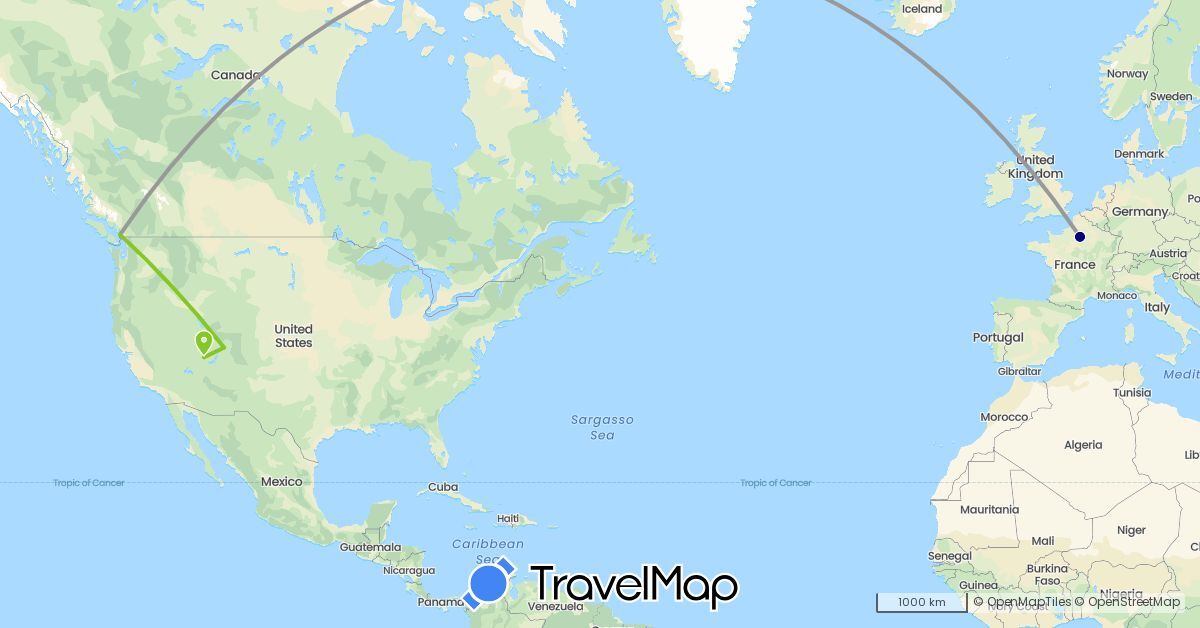 TravelMap itinerary: driving, plane, electric vehicle in Canada, France, United States (Europe, North America)